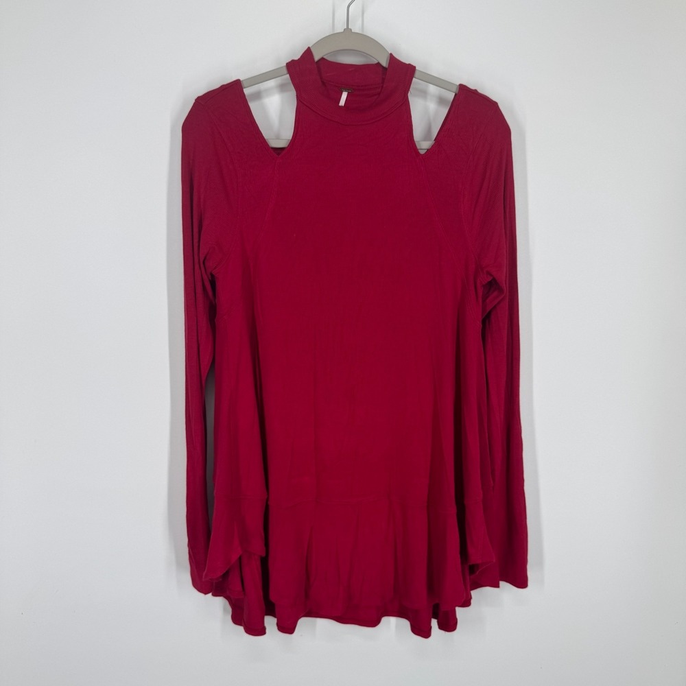 Free  People Medium Tunic Cherry Red Ribbed Cold Shoulder Long Sleeve Soft Boho
